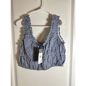 Gingham Crop Top Primark Blue‎ White Ruffle Sleeveless Smocked Women's